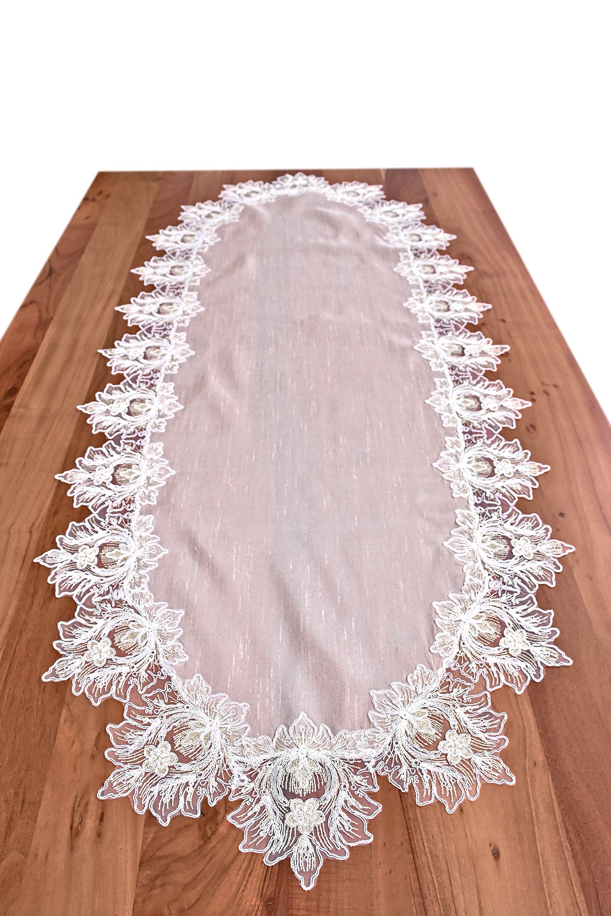 Taj Mahal Lüx  asztali futó, kapucsínó selyem, arany színű csipkével 55x160 cm